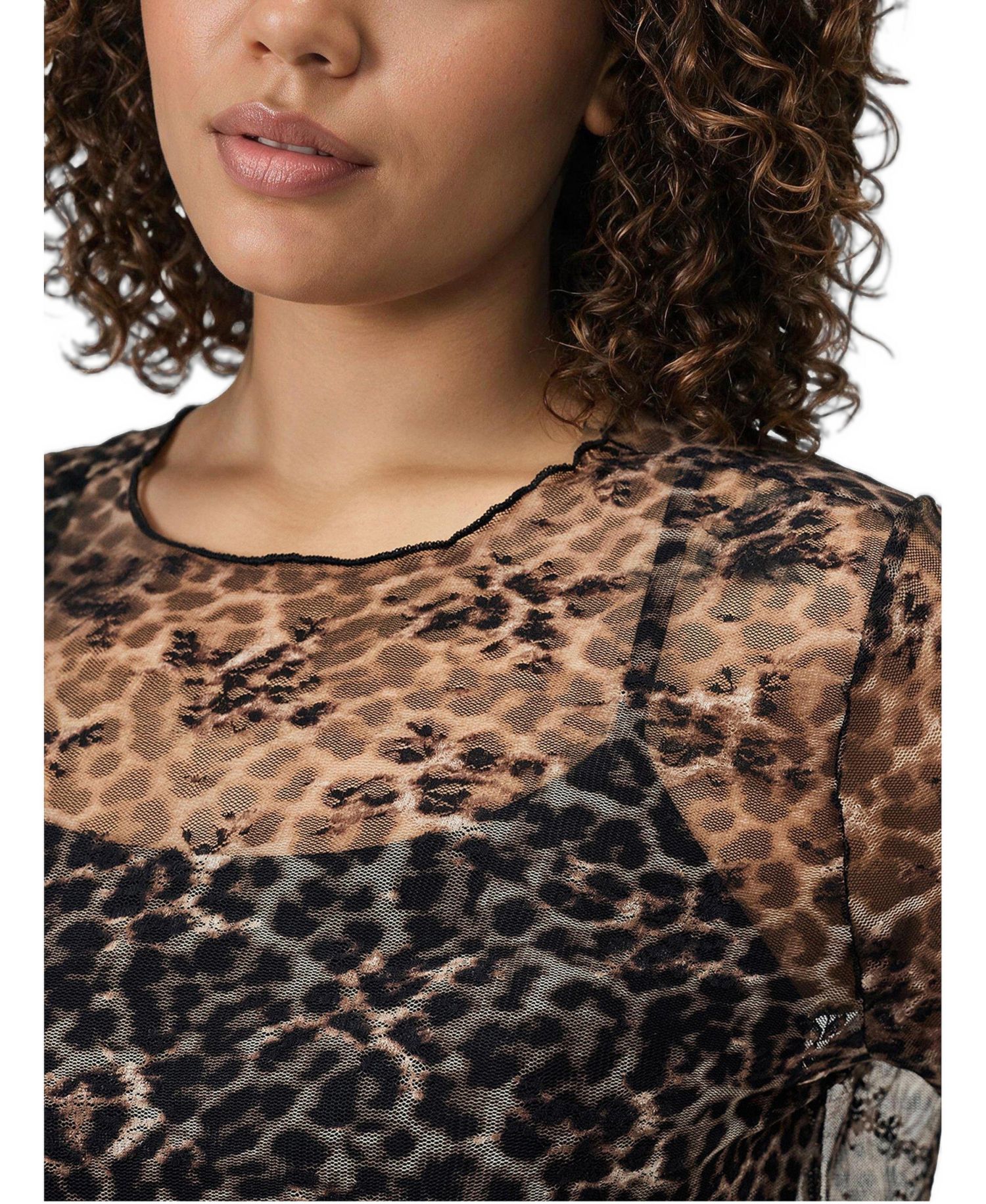 Women's Plus Size Sheer Lace Crew Long Sleeve Top