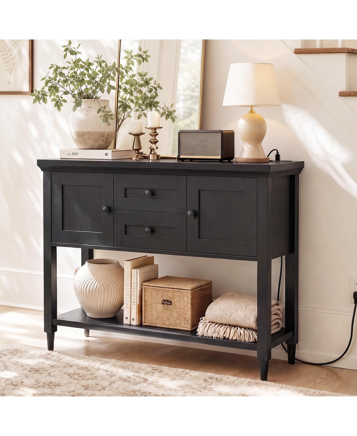 Aheaplus 41.7" Farmhouse Entryway Table with Outlets and 2-Drawers