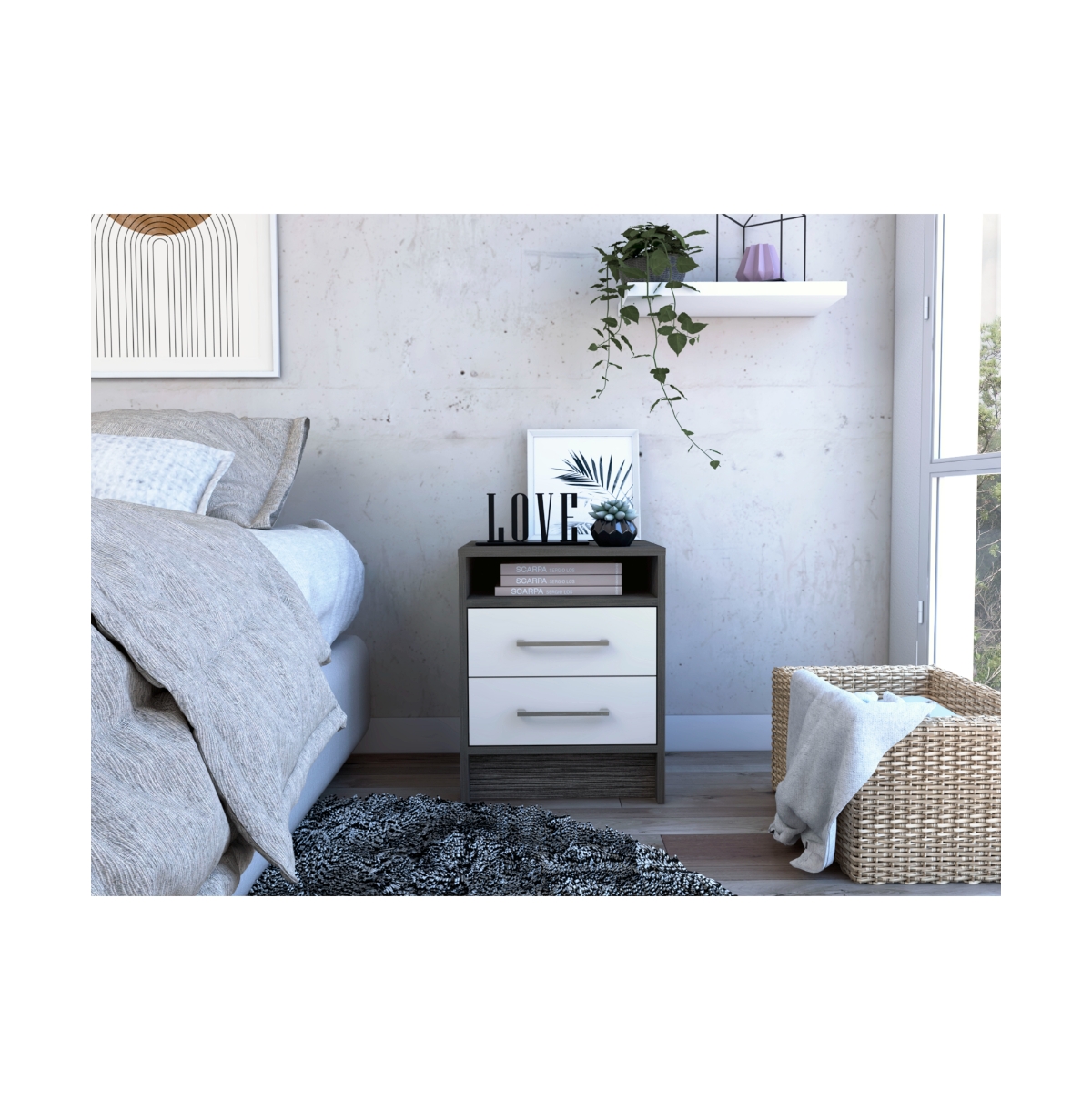 Flynama 20 Inch 2 Drawer Nightstand with Open Shelf Modern Bedside Table with Metal Handles