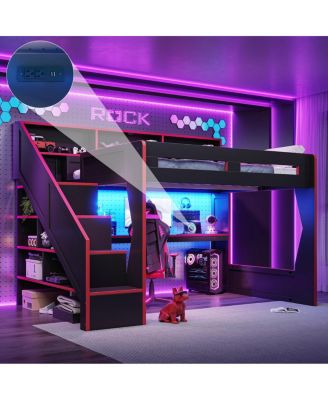Queen Gaming Loft Bed with Storage Stairs, Desk and LED Lights