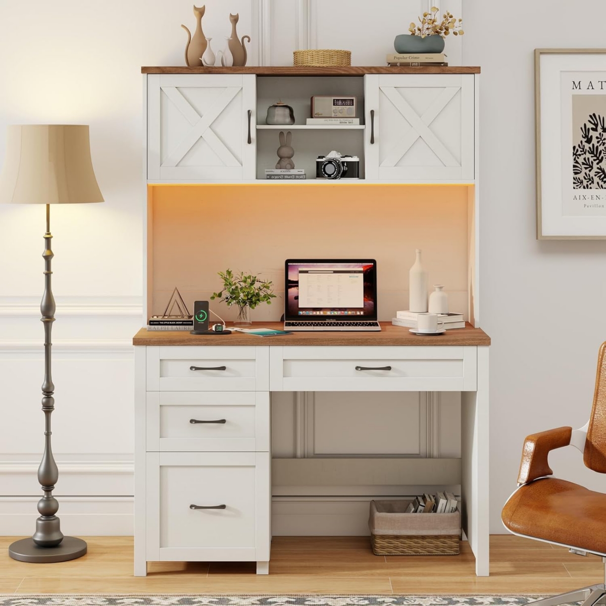 Vabches Computer Desk, Home Office Table with Hutch and Charging Hub, 47" Executive Desk - White