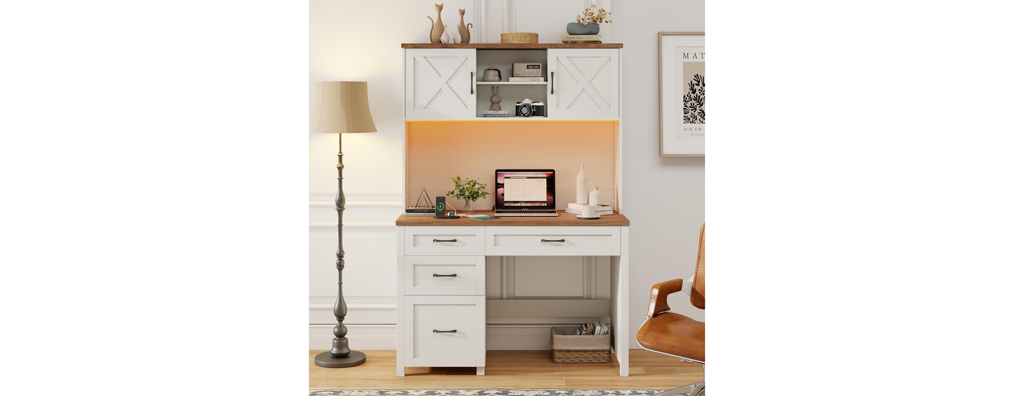 Vabches Computer Desk, Home Office Table with Hutch and Charging Hub, 47" Executive Desk