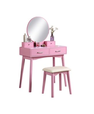 Contemporary Wood Vanity and Stool Set, Round Mirror, Rubberwood Frame, 32.68 Inch