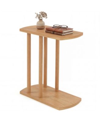 Narrow 2 Tier C Shaped Teak Wood Side Table with Thickened Top and Sturdy Base