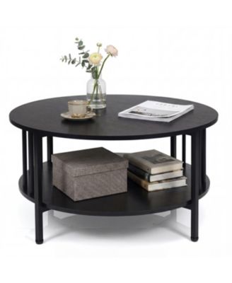 2 Tier Round Coffee Table with Storage Shelf and Metal Accents