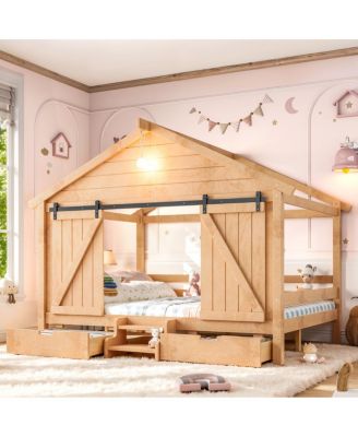 Full Size Farmhouse House Bed with Sliding Barn Door, Stairs and Drawers