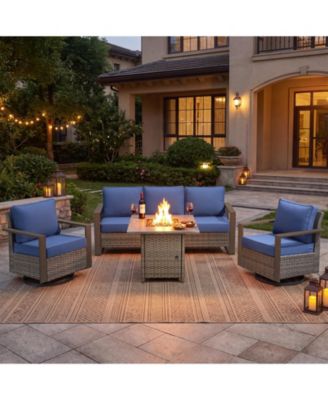 4 Piece Outdoor Patio Furniture Set with Swivel Rocking Chairs, High Back Sofa and Rattan Fire Pit Table
