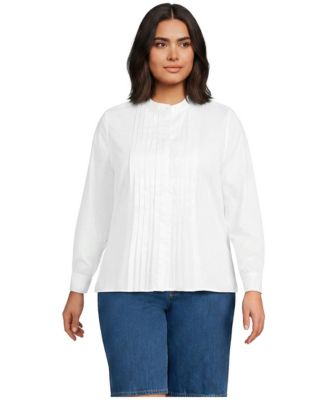 Plus Size Long-Sleeve Banded Collar Pintuck Blouse