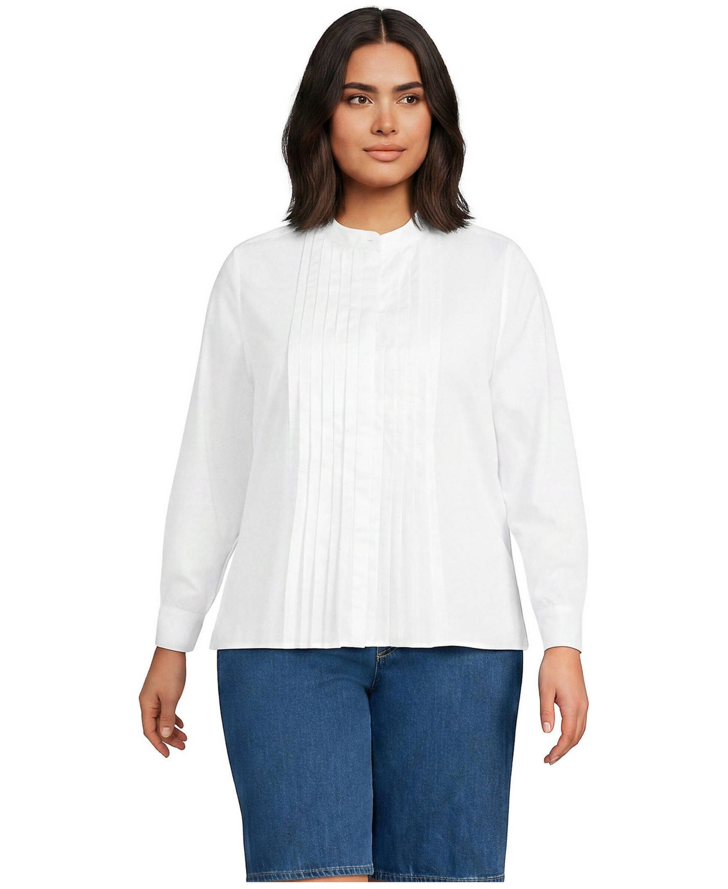 Plus Size Long-Sleeve Banded Collar Pintuck Blouse