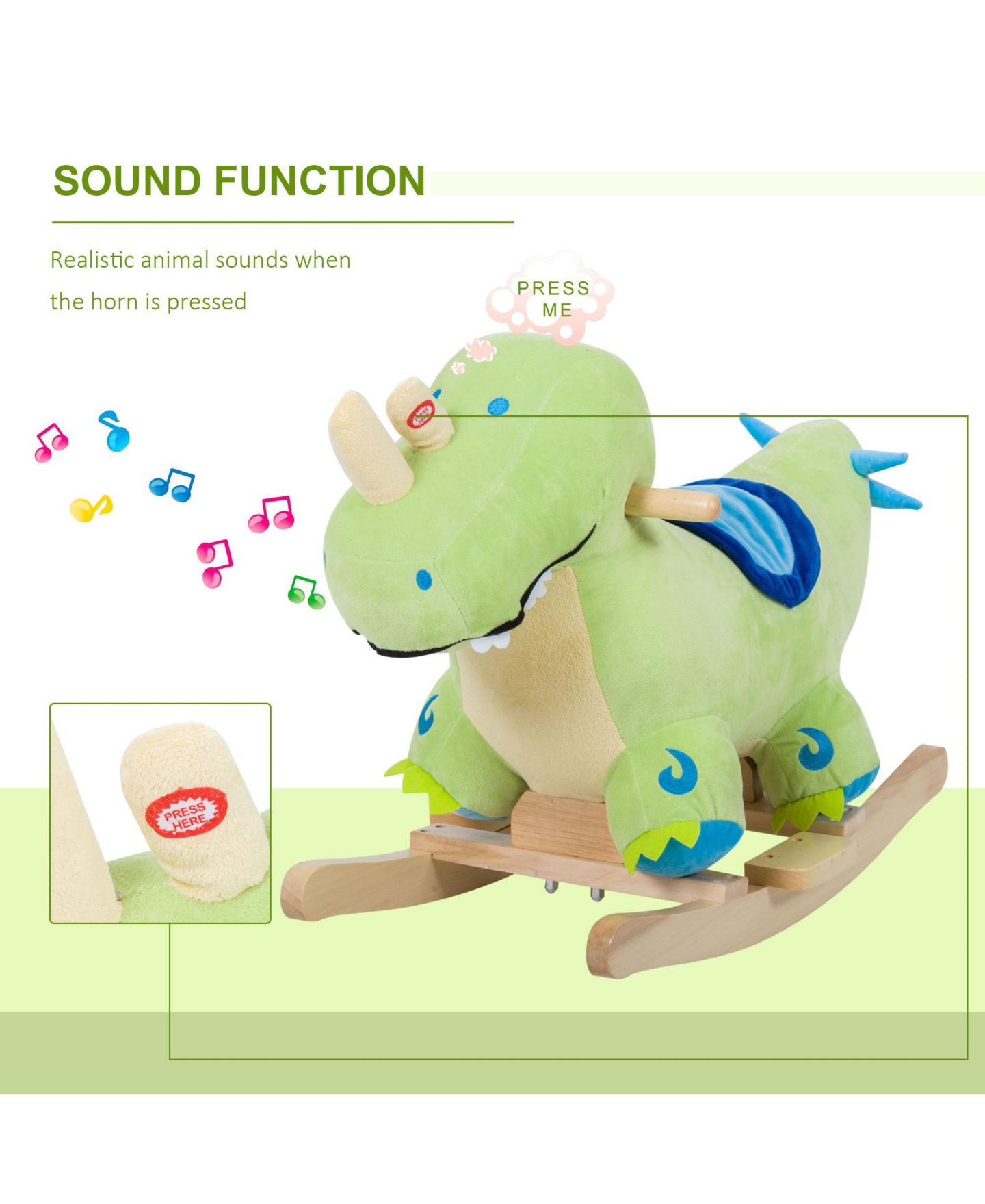 Детская мягкая игрушка Glintex Plush Ride-On Rocking Dinosaur with Realistic Sounds, 17.75" H, Wooden Base, Rocker, Holds 66 lbs, Ages 18 Months+, цвет: Зелёный — фото 6