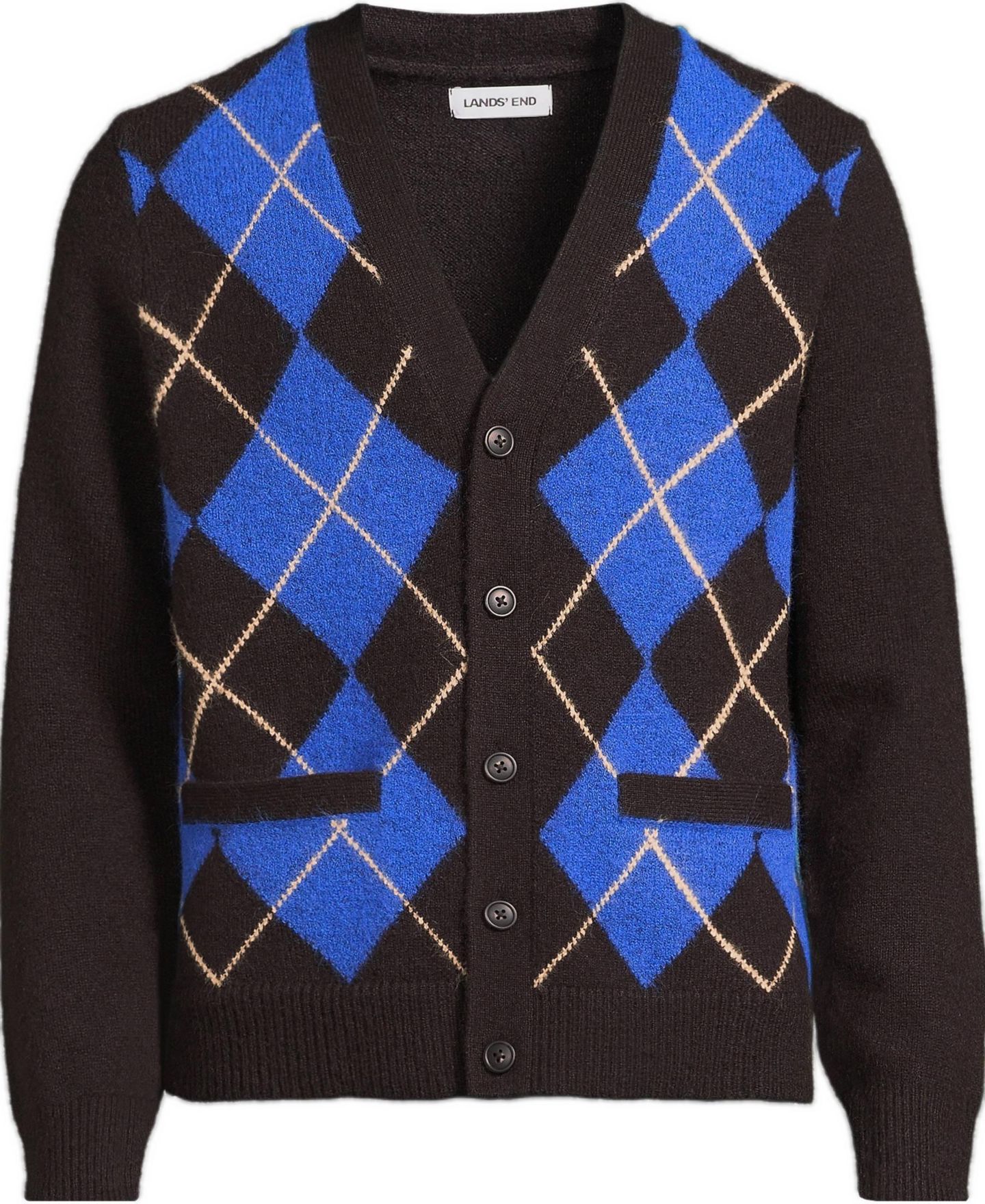 Мужской кардиган Lands' End Long Sleeve Fuzzy Argyle Cardigan, цвет: Тёмно-коричневый с ромбами — фото 4