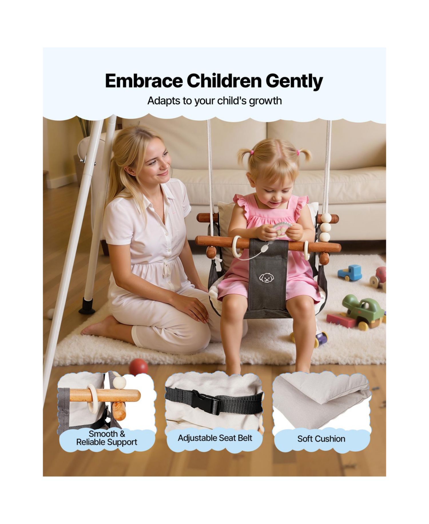 Toddler Swing and Jumper, 2-in-1 Baby Swing Set and Bouncer with Foldable A-Frame Metal Stand, Canvas Seat and 50 lb Capacity