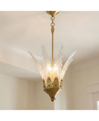 17" Vintage Brass 3-Light Leaf Etched Glass Kitchen Chandelier Pendant Light