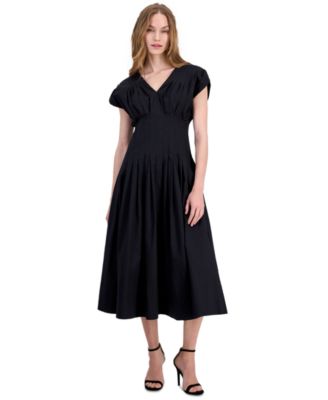 Petite Pleated-Waist V-Neck Midi Dress