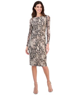 nne Klein Petite Snake-Print Shirred-Waist Long-Sleeve Midi Dress