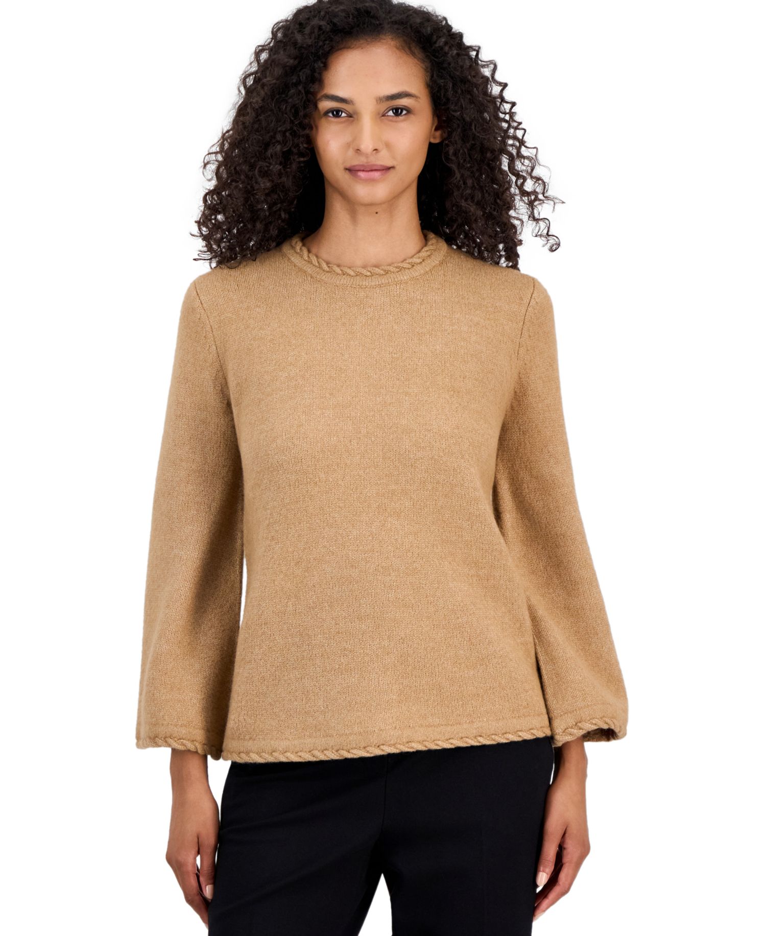 Petite Braided-Trim Long-Bell-Sleeve Sweater