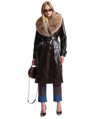 Women's Double-Breasted Detachable Faux Fur Shawl Collar Trench Coat