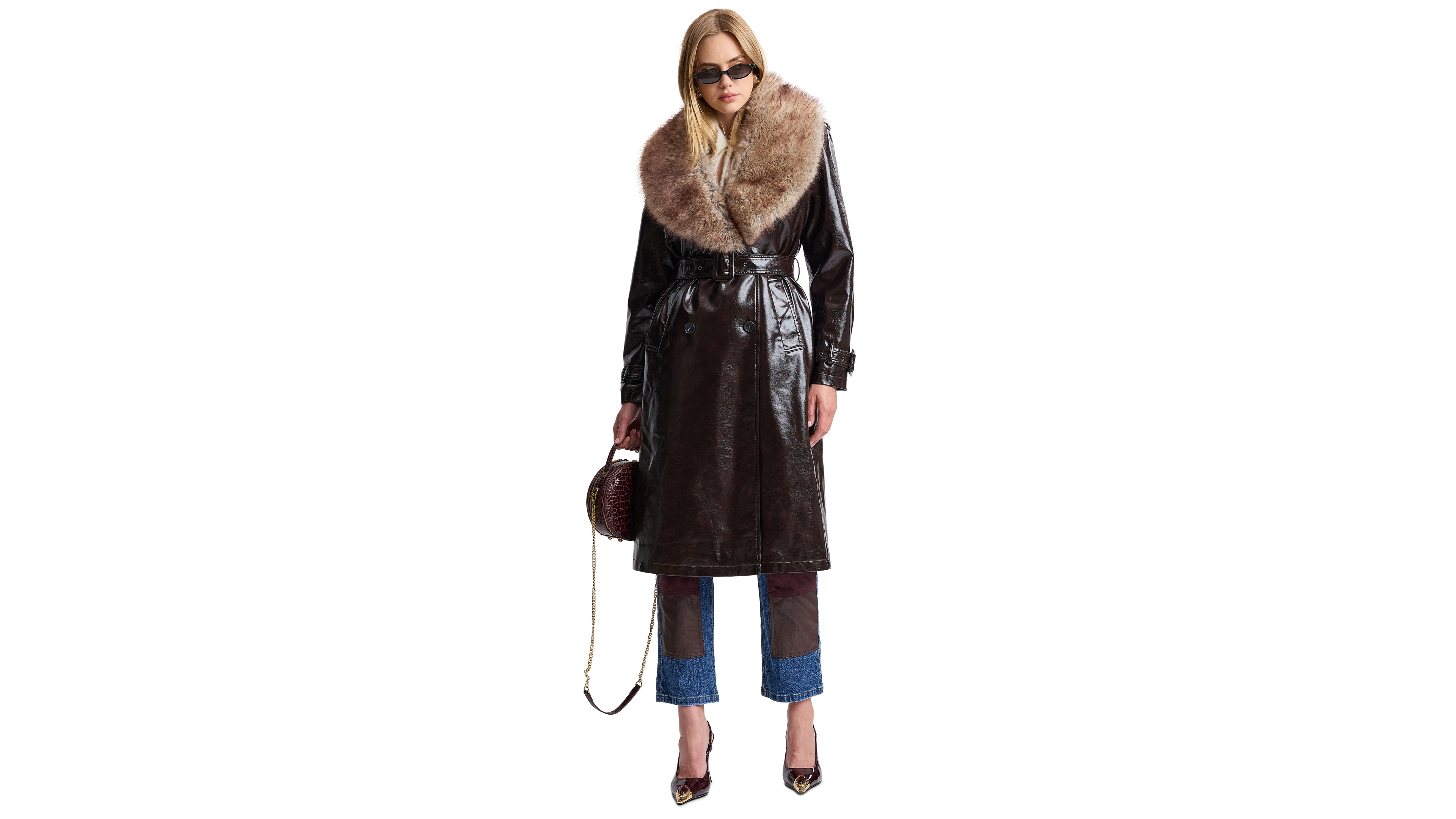 Avec Les Filles Women's Pleather Trench Coat with Fur Collar