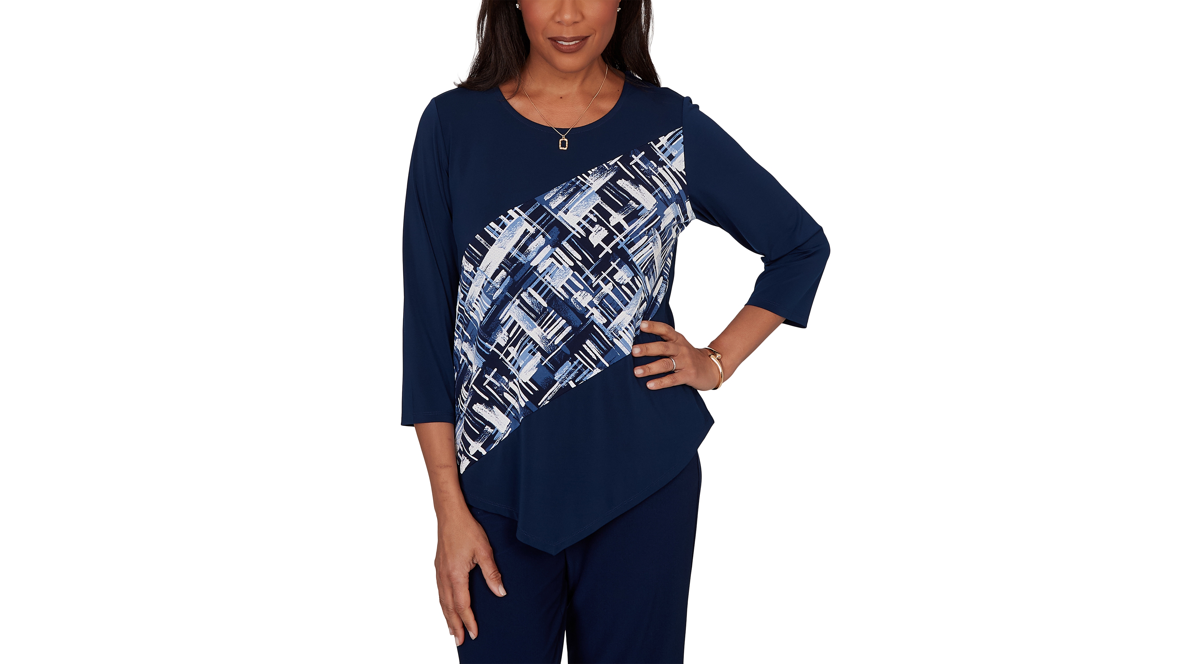 Alfred Dunner Women's Etched Plaid Diagonal Puff Printed Top