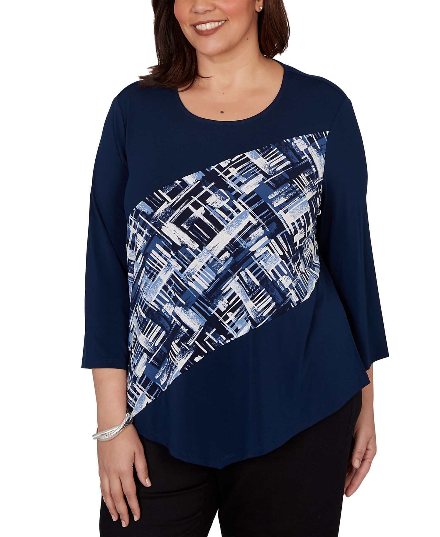 Plus Size Etched Plaid Diagonal Puff Printed Top