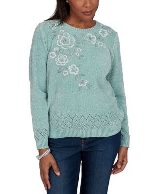 Women's Classic Embroidered Floral Textured Chenille Sweater