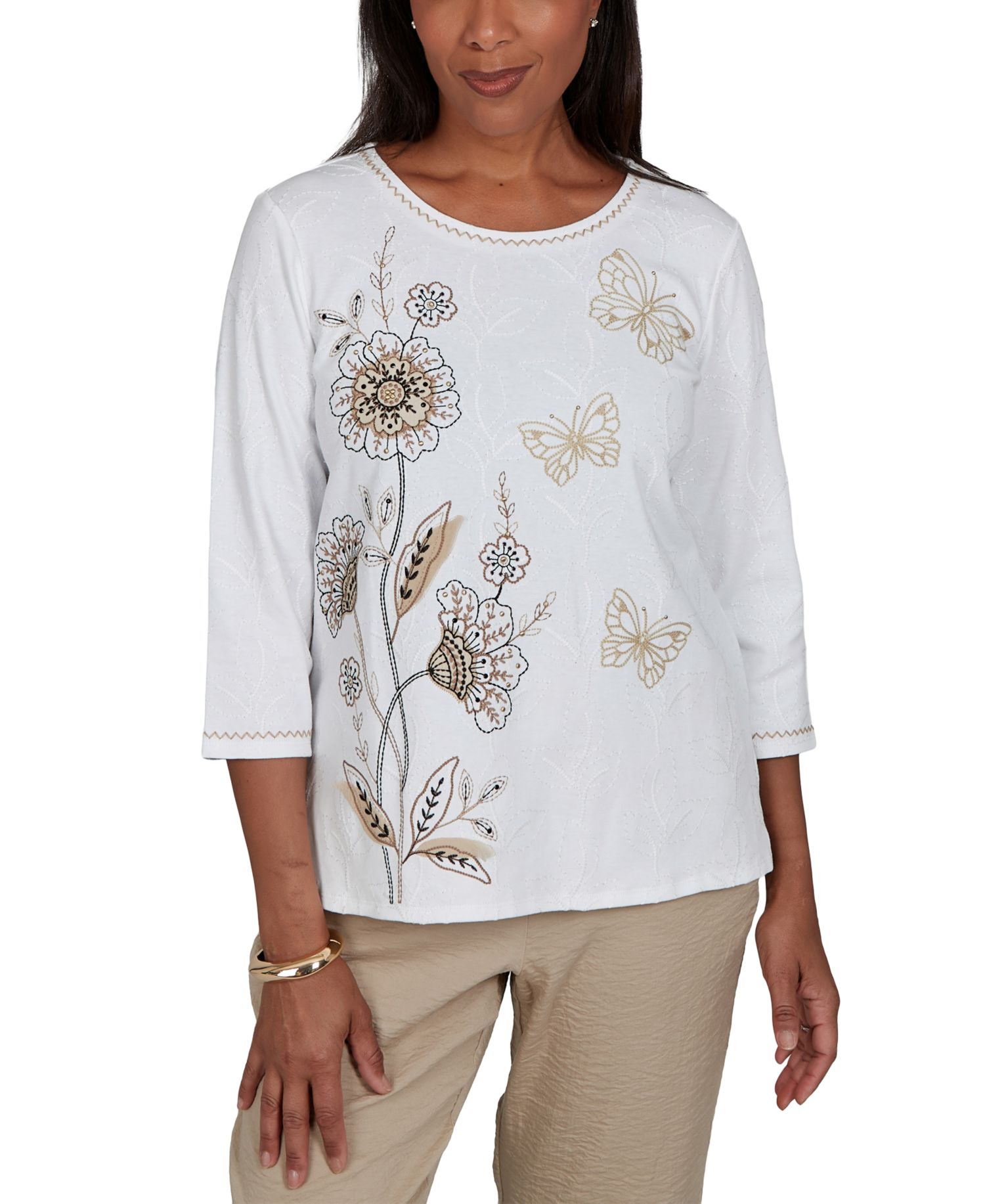 Women's Travel Advisory Floral Butterfly Line Embroidered Top
