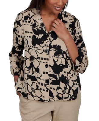 Petite Travel Advisory Geo Floral Button Front 3/4-Sleeve Collared Top