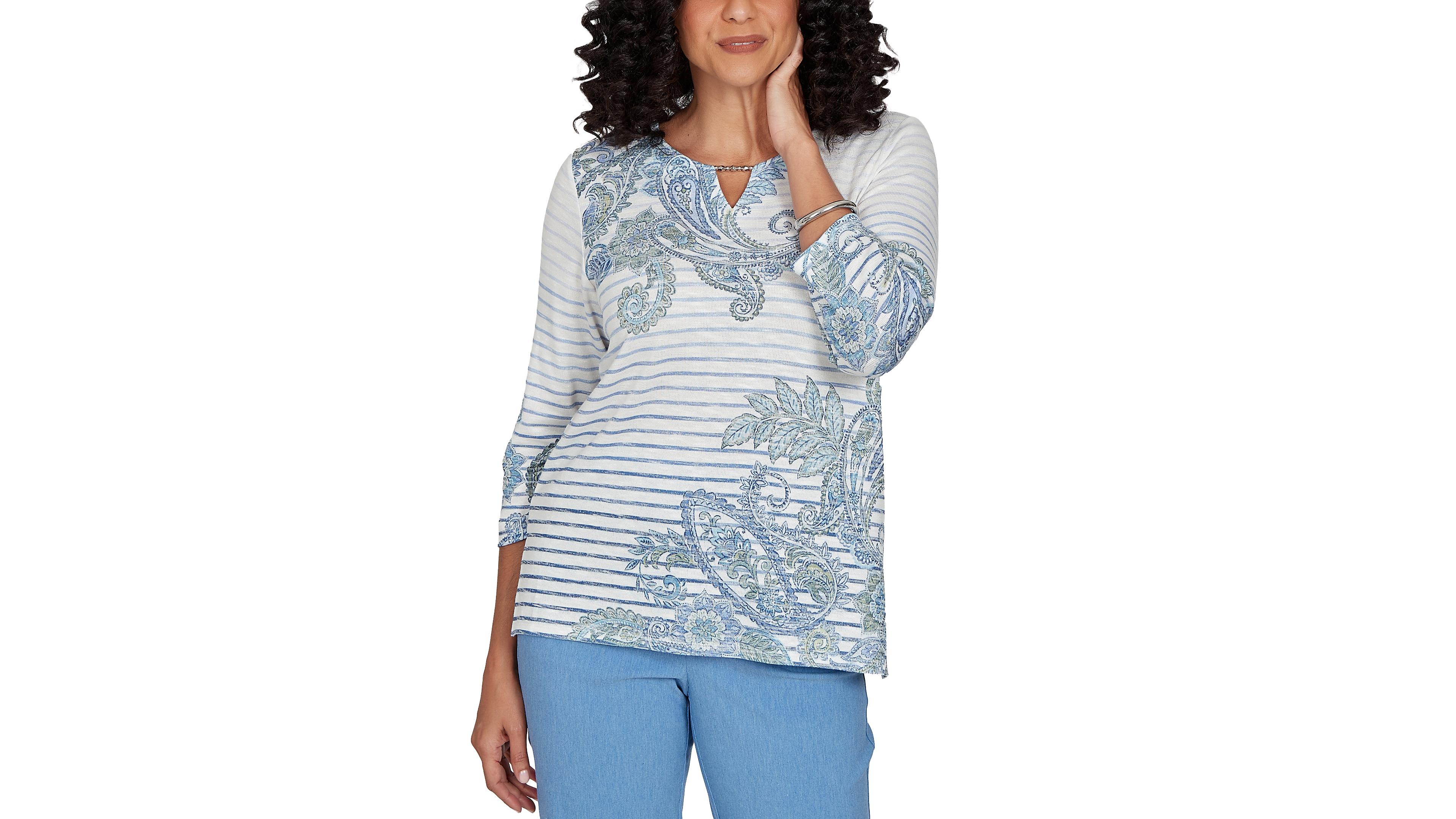 Alfred Dunner Women's Provence Paisley Stripe Split Neck Top