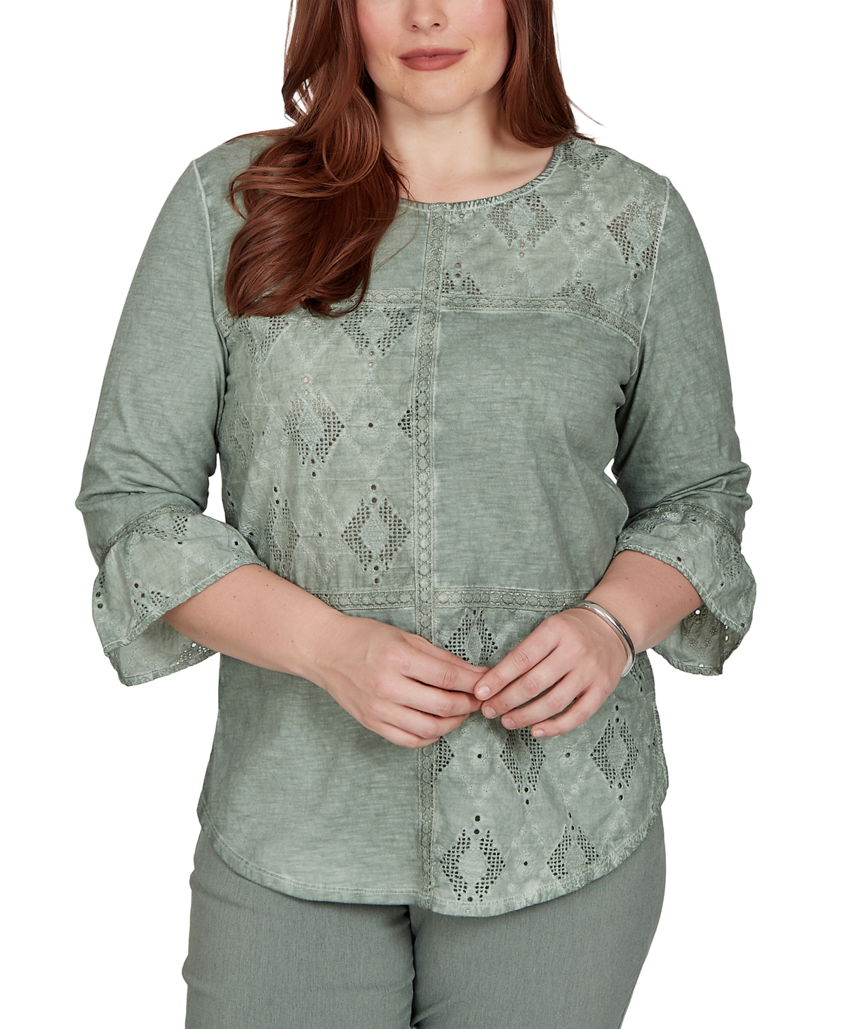 Alfred Dunner Petite Provence Tonal Spliced Patchwork Top - Olive