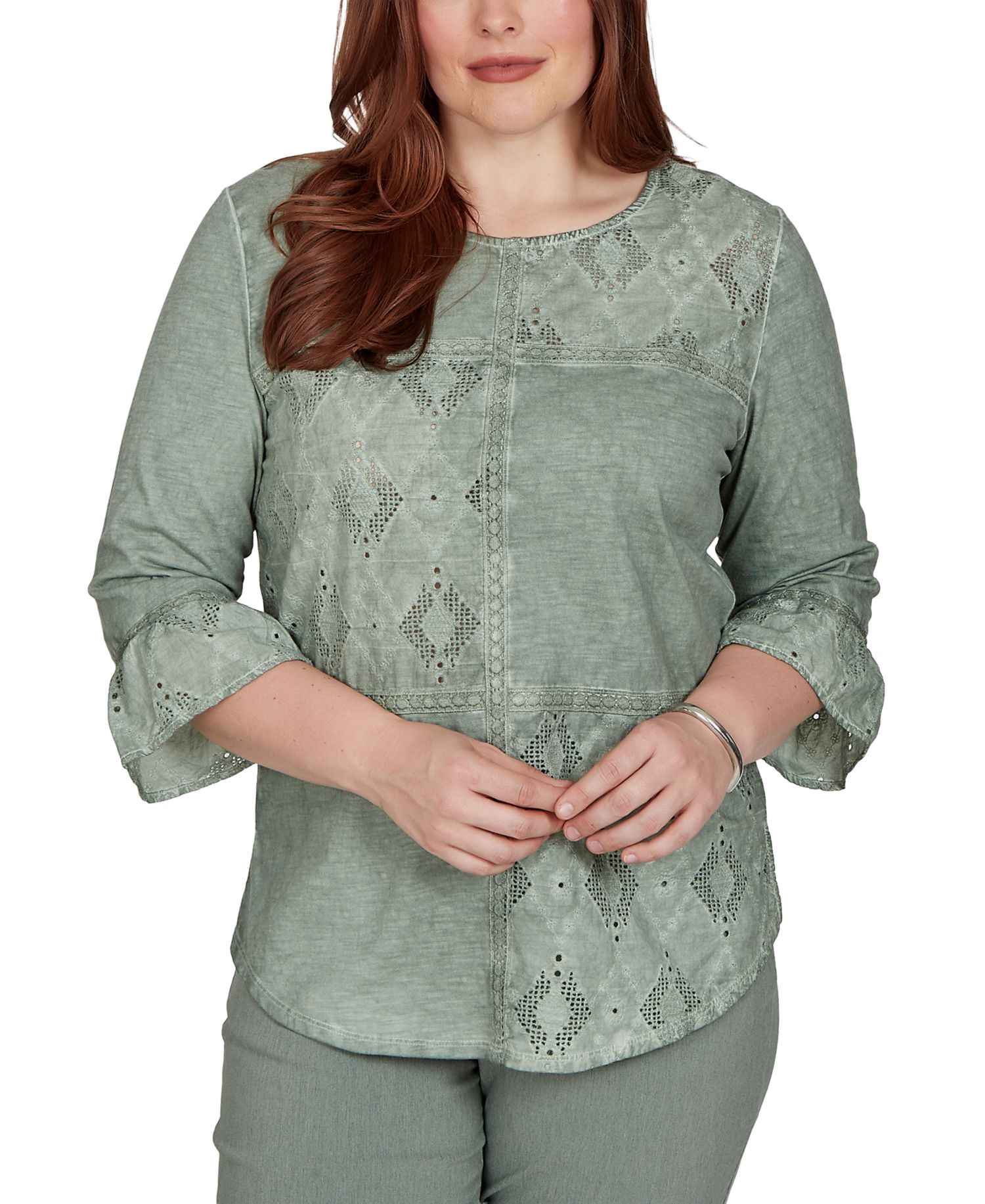 Petite Provence Tonal Spliced Patchwork 3/4-Sleeve Curved Hem Blouse