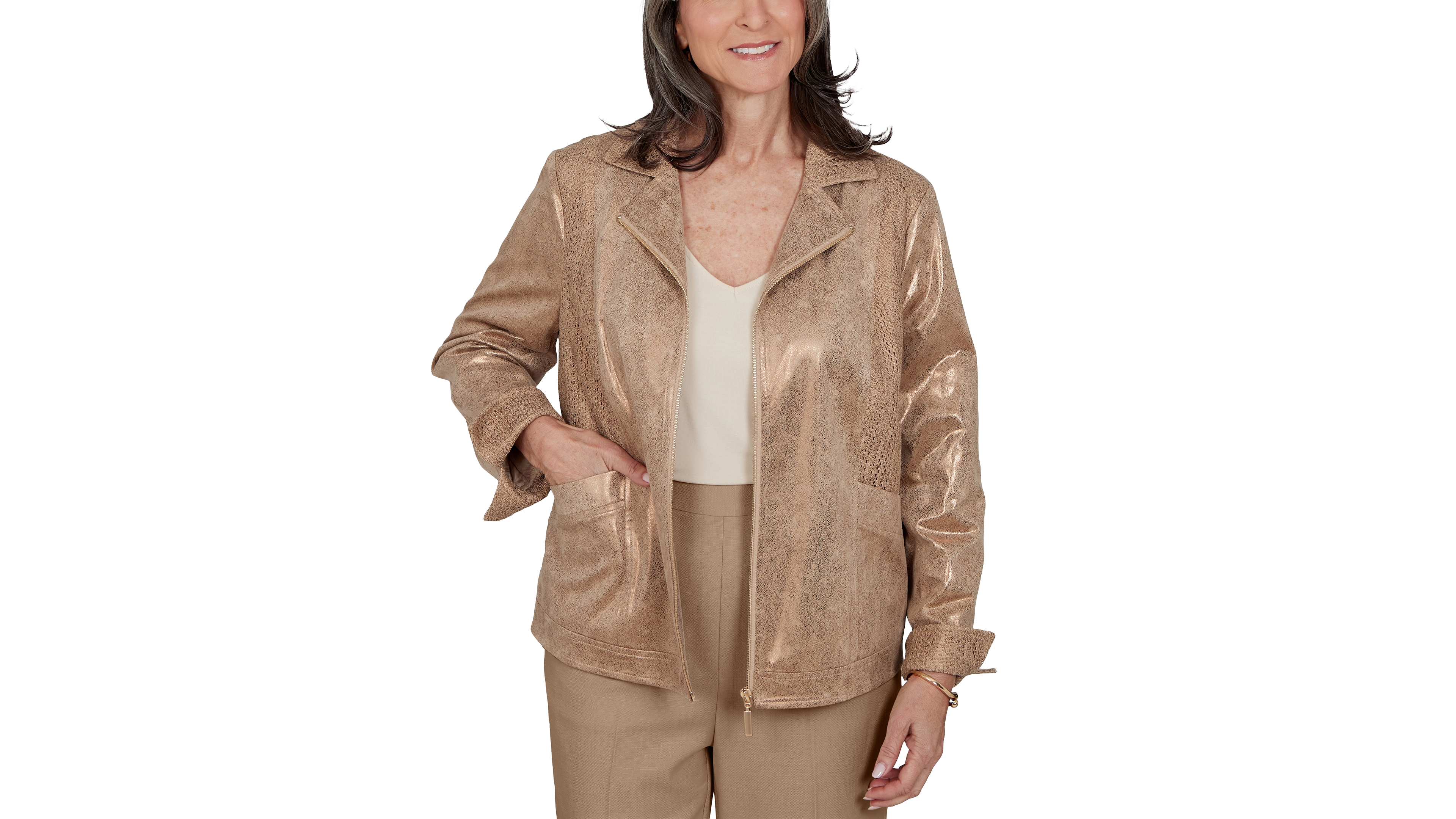 Alfred Dunner Petite 3/4-Sleeve Collared Zip-Front Jacket