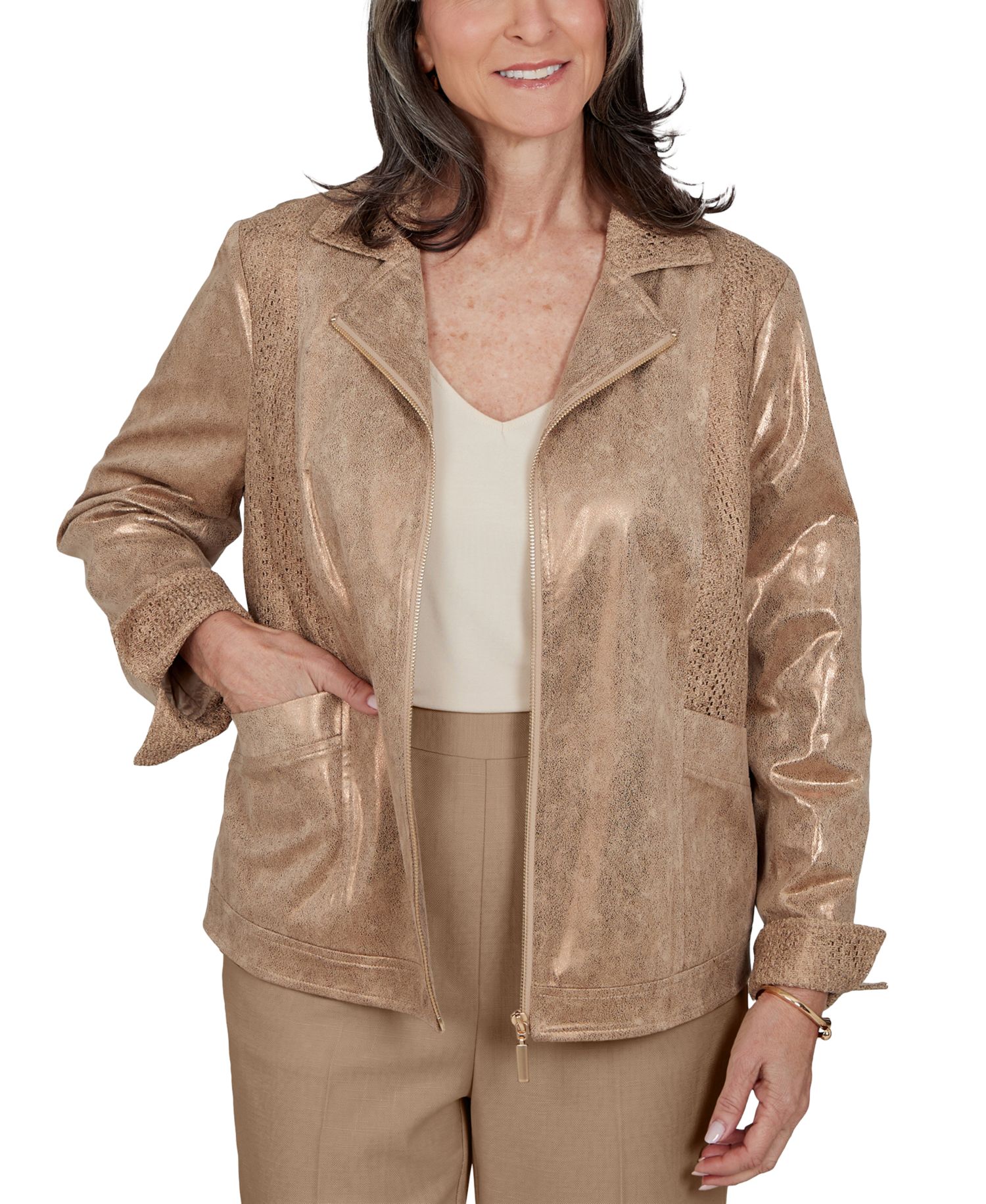 Petite 3/4-Sleeve Collared Zip-Front Jacket