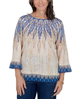 Petite 3/4-Sleeve Crewneck Allover-Print Blouse