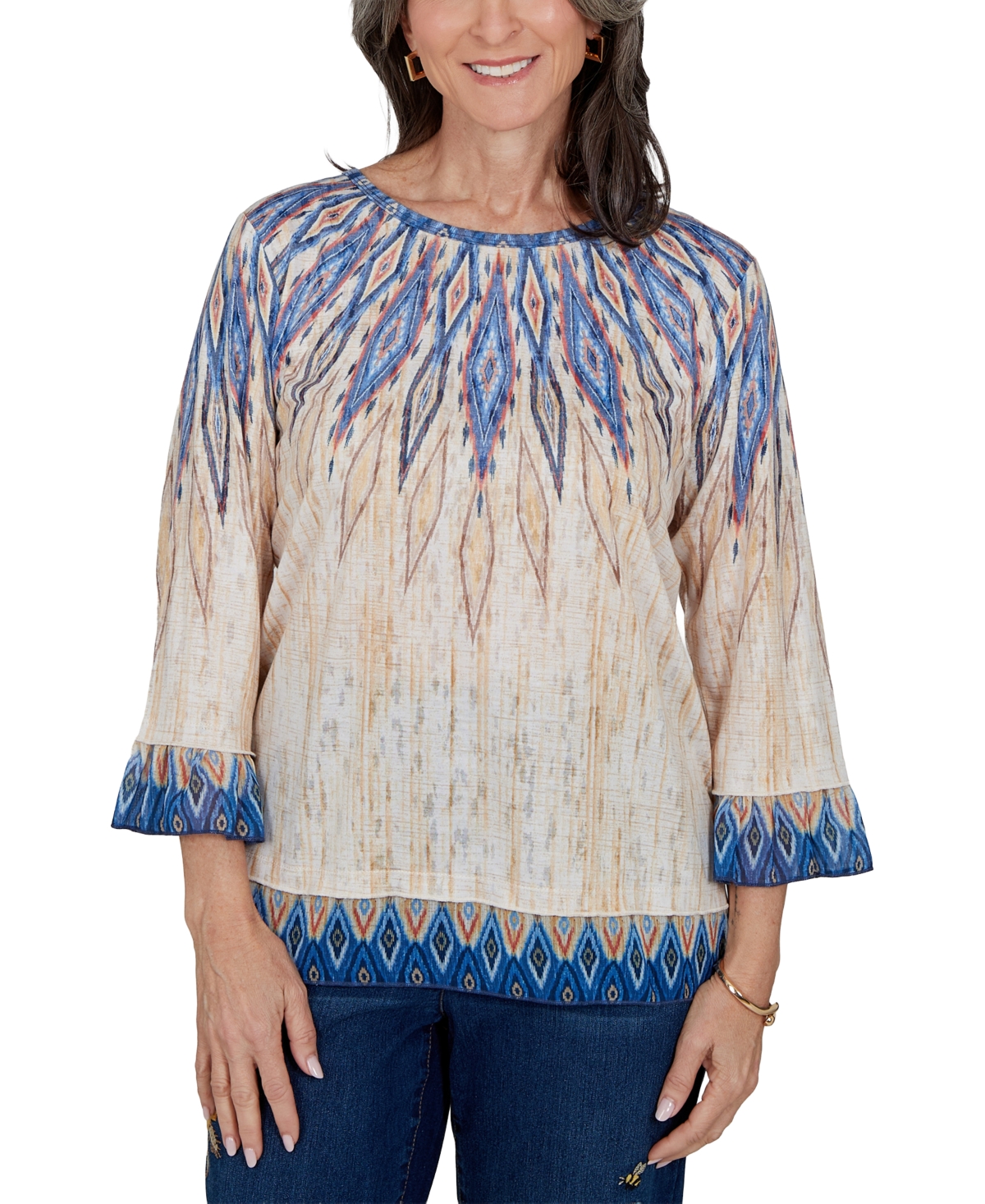 Alfred Dunner Petite 3/4-Sleeve Crewneck Allover-Print Blouse
