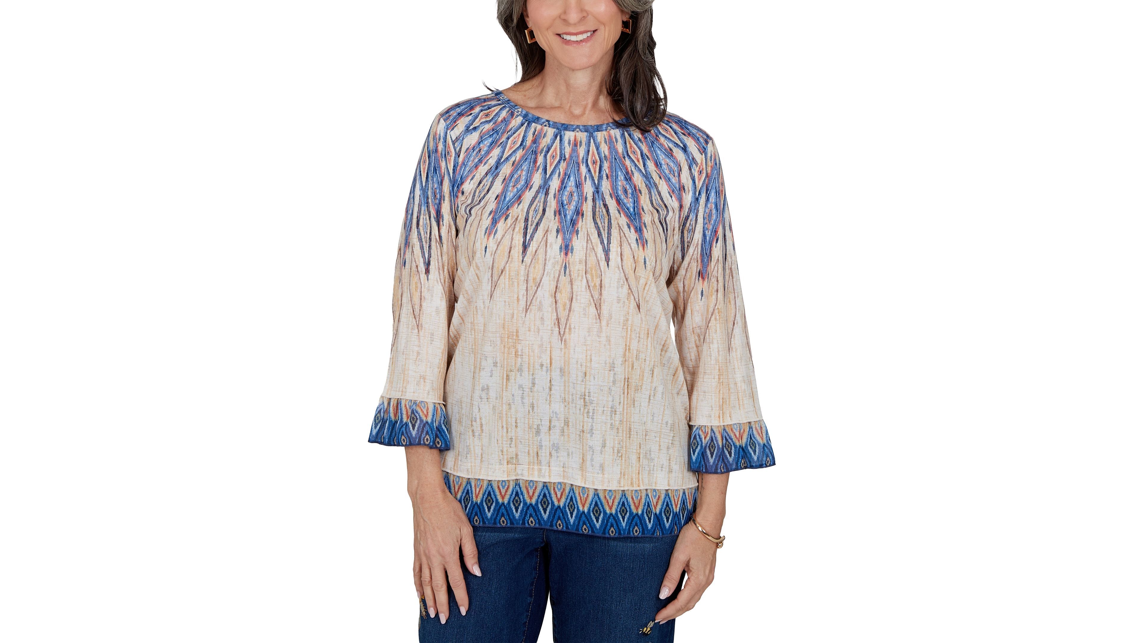 Alfred Dunner Petite 3/4-Sleeve Crewneck Allover-Print Blouse