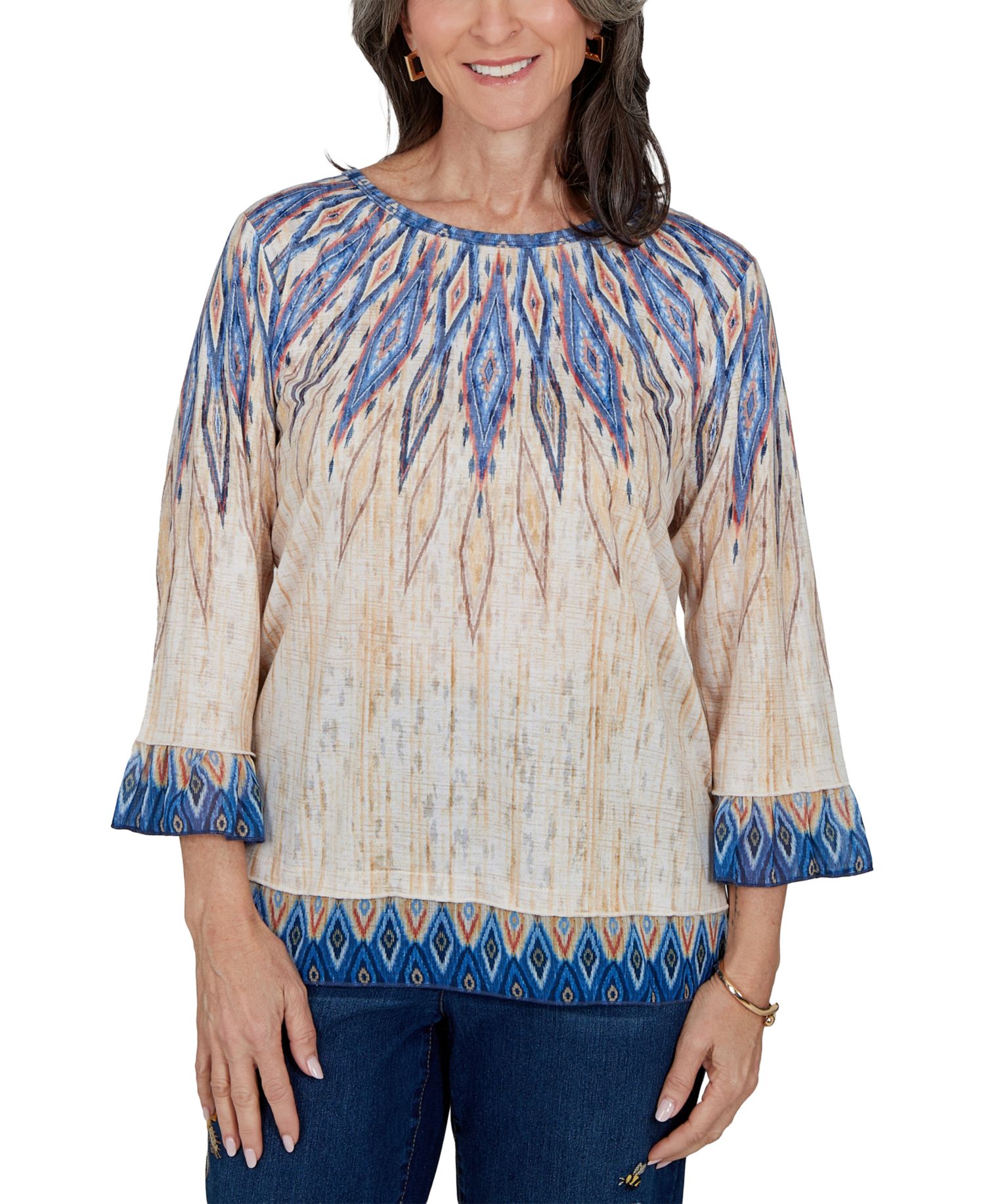 Petite 3/4-Sleeve Crewneck Allover-Print Blouse
