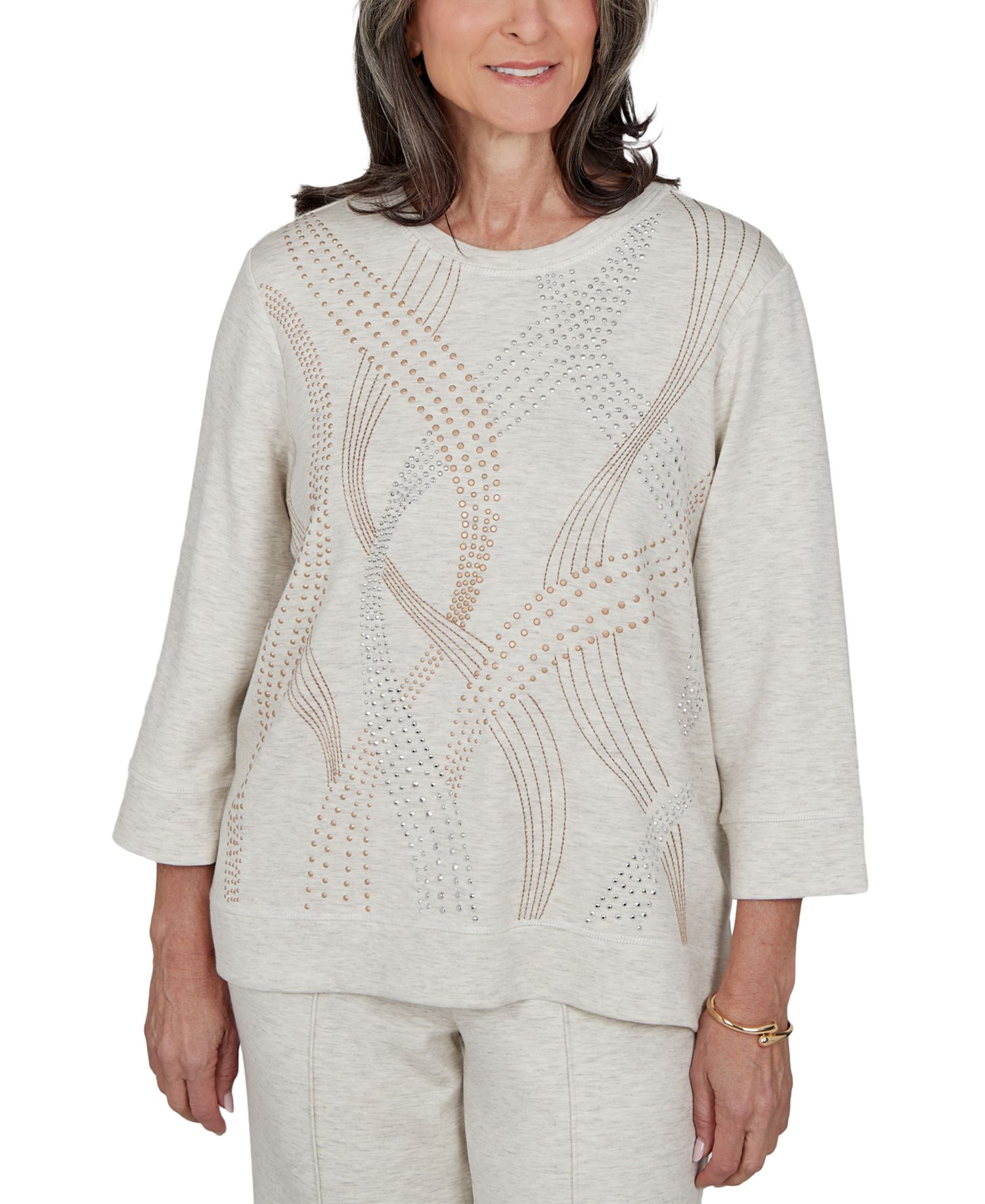 Women's Knit 3/4-Sleeve Embellished Crewneck Top