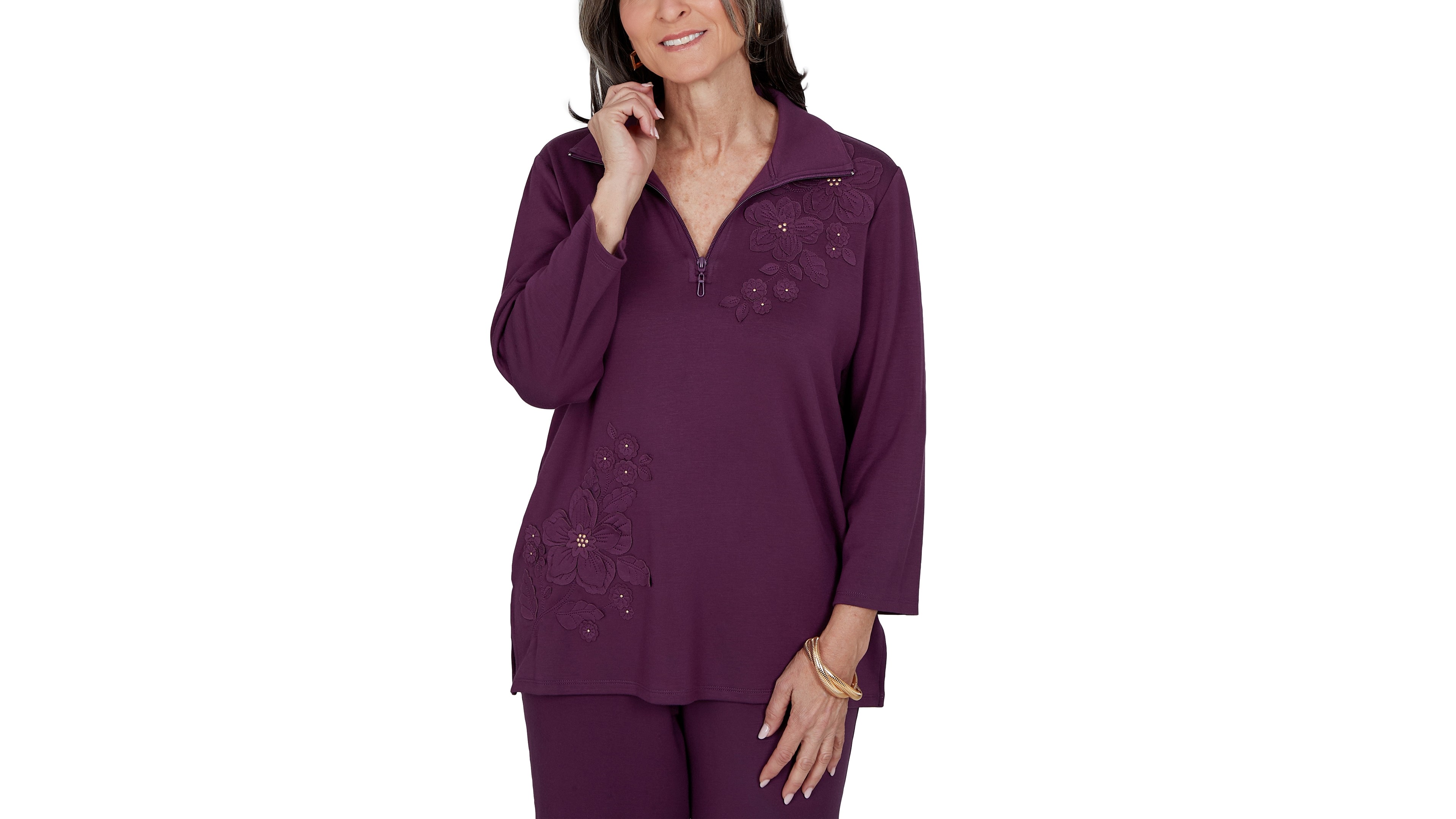 Alfred Dunner Petite 3/4-Sleeve Floral-Applique Knit Top