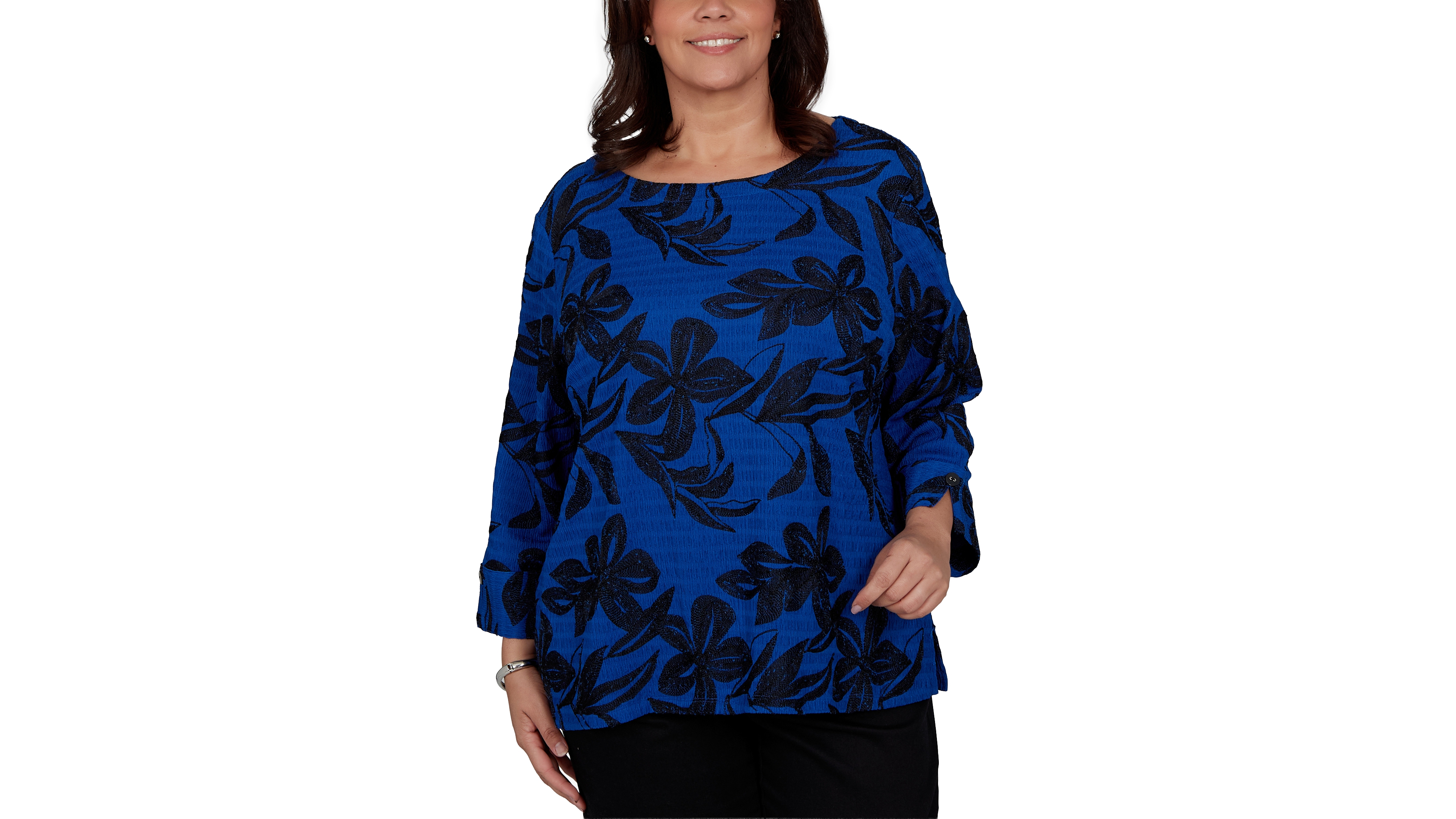 Alfred Dunner Plus Calm Luxe Floral Textured-Knit Boat Neck Blouse