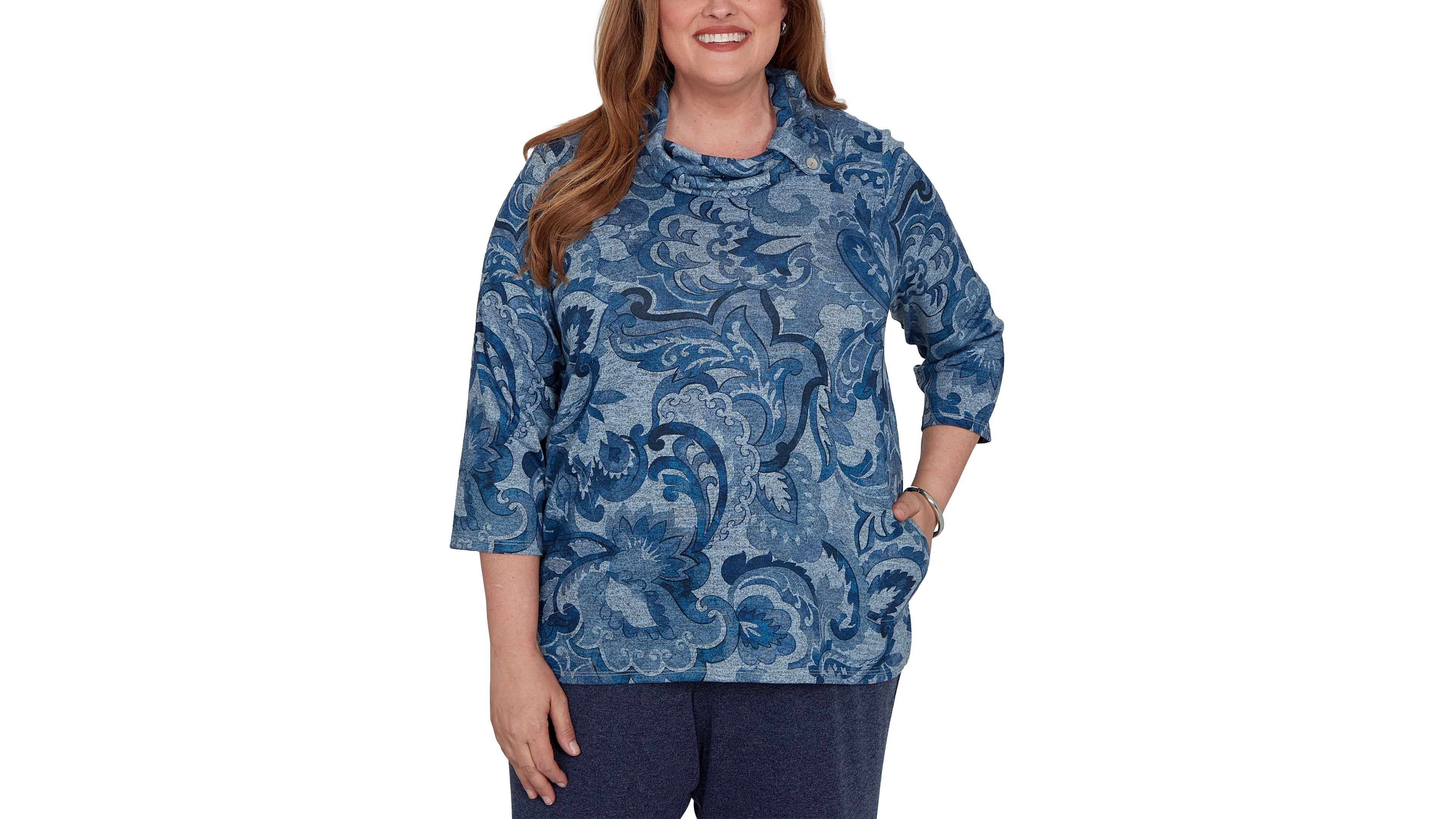 Alfred Dunner Plus Paisley Scroll Cowl Neck Pocket Top