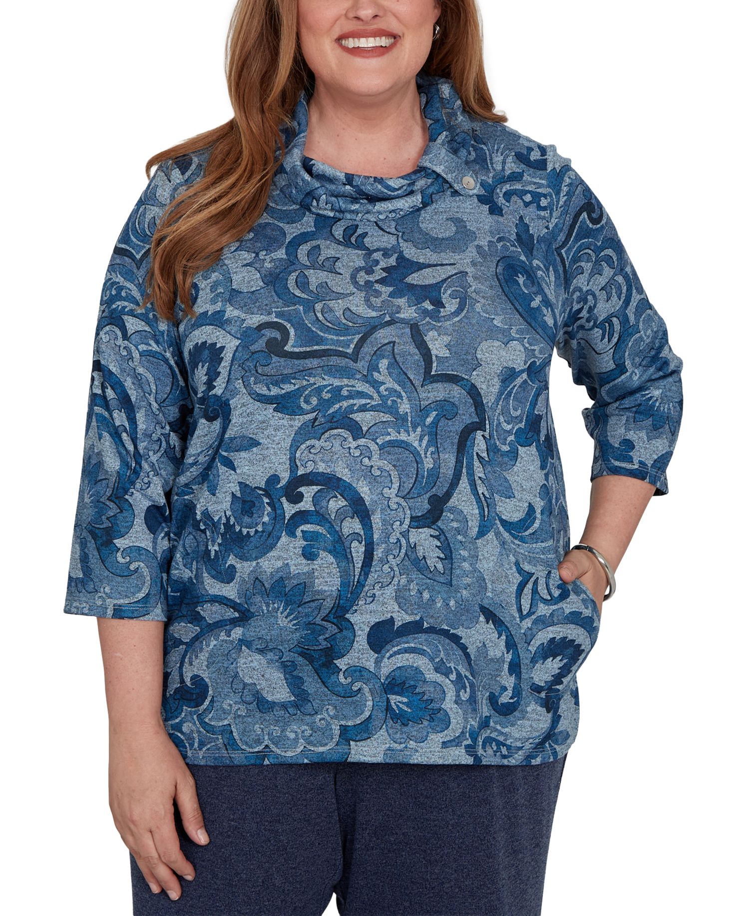 Plus Size Paisley Scroll Cowl Neck Pocket Top