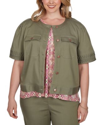 Plus Size Pleated Short-Sleeve Soft Denim Jacket