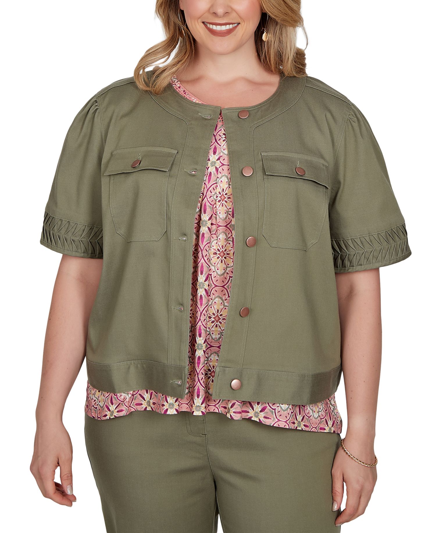 Plus Size Pleated Short-Sleeve Soft Denim Jacket