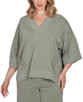 Plus Size Tropical Embroidered French Terry Knit Top