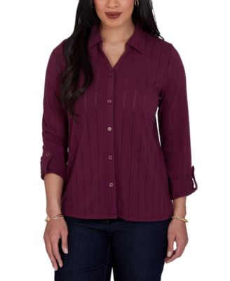 Petite Striped 3/4-Sleeve Henley Collar Blouse