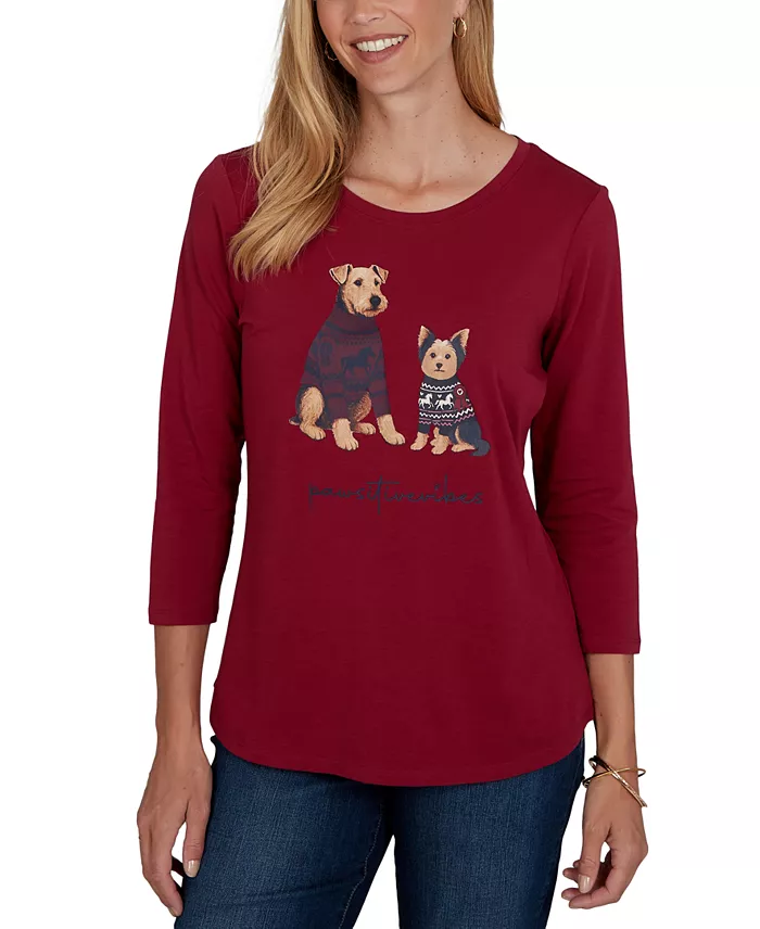 Petite Pawsitive Graphic Boat Neck 3/4-Sleeve Cotton-Blend T-Shirt