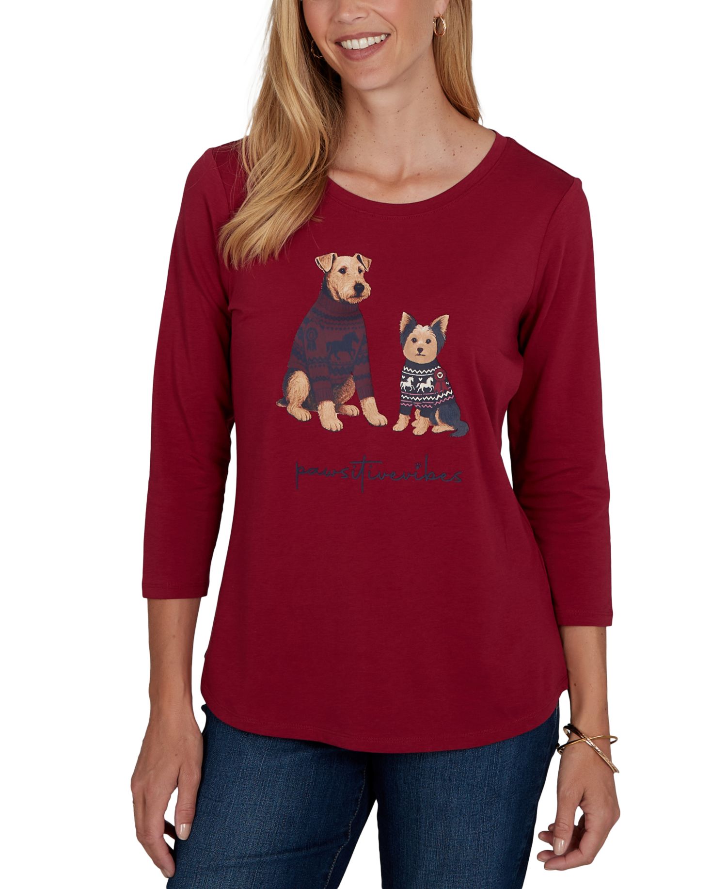 Petite Pawsitive Graphic Boat Neck 3/4-Sleeve Cotton-Blend T-Shirt