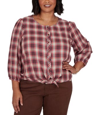 Plus Size Homestead Plaid 3/4-Sleeve Button-Front Top