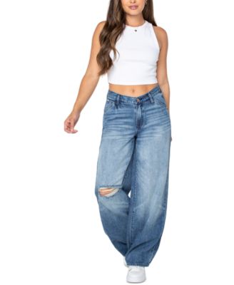Juniors' Mid-Rise V-Waist Wide-Leg Baggy Jeans