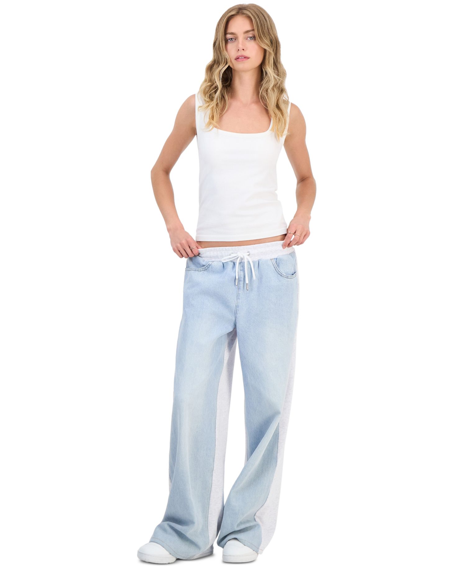 Juniors' Mixed-Media Wide-Leg Sweatpant Jeans